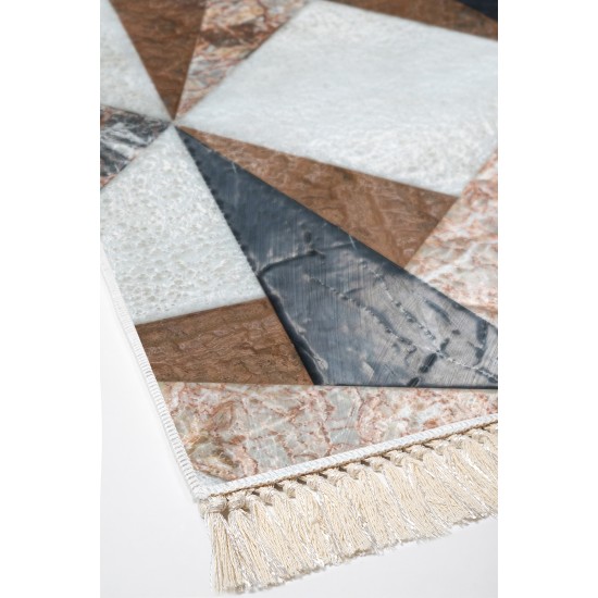 Dekoreko Kaymaz Dijital Mutfak & Salon Halı  Toprak Saçaklı Geometrik E5028 Renkli