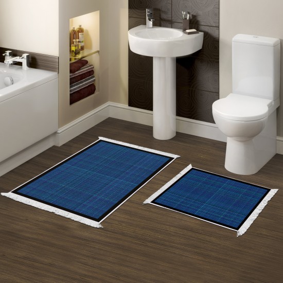 Dekoreko Kaymaz Taban Djt Klozet Takımı  Toprak Saçaklı Dokuma Desen E5007 Koyu Mavi