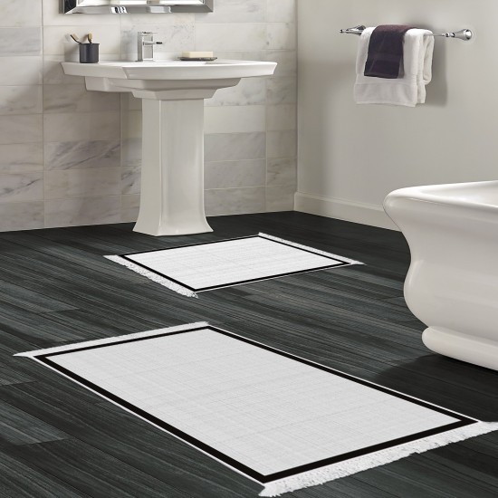 Dekoreko Kaymaz Taban Djt Klozet Takımı Luna Pamuk Saçaklı Dokuma Desen E5007 Gri Beyaz